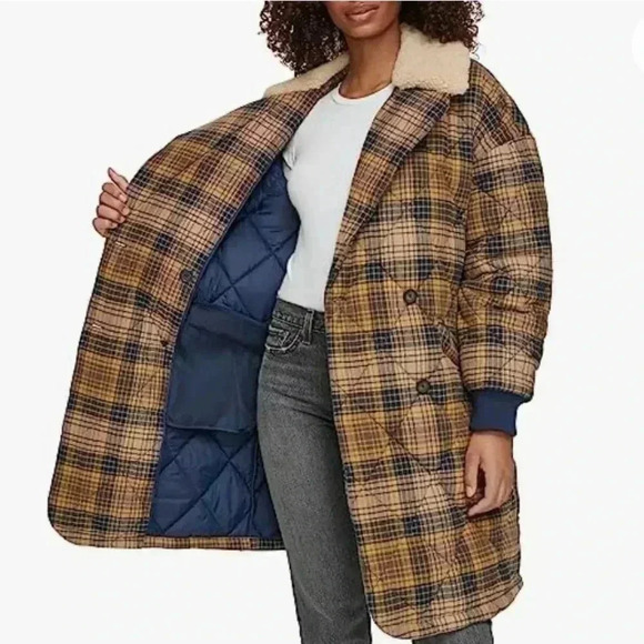 Levi's Checkered Wool-Blend Puffer Coat - Brown and Navy - Picture 4 of 14